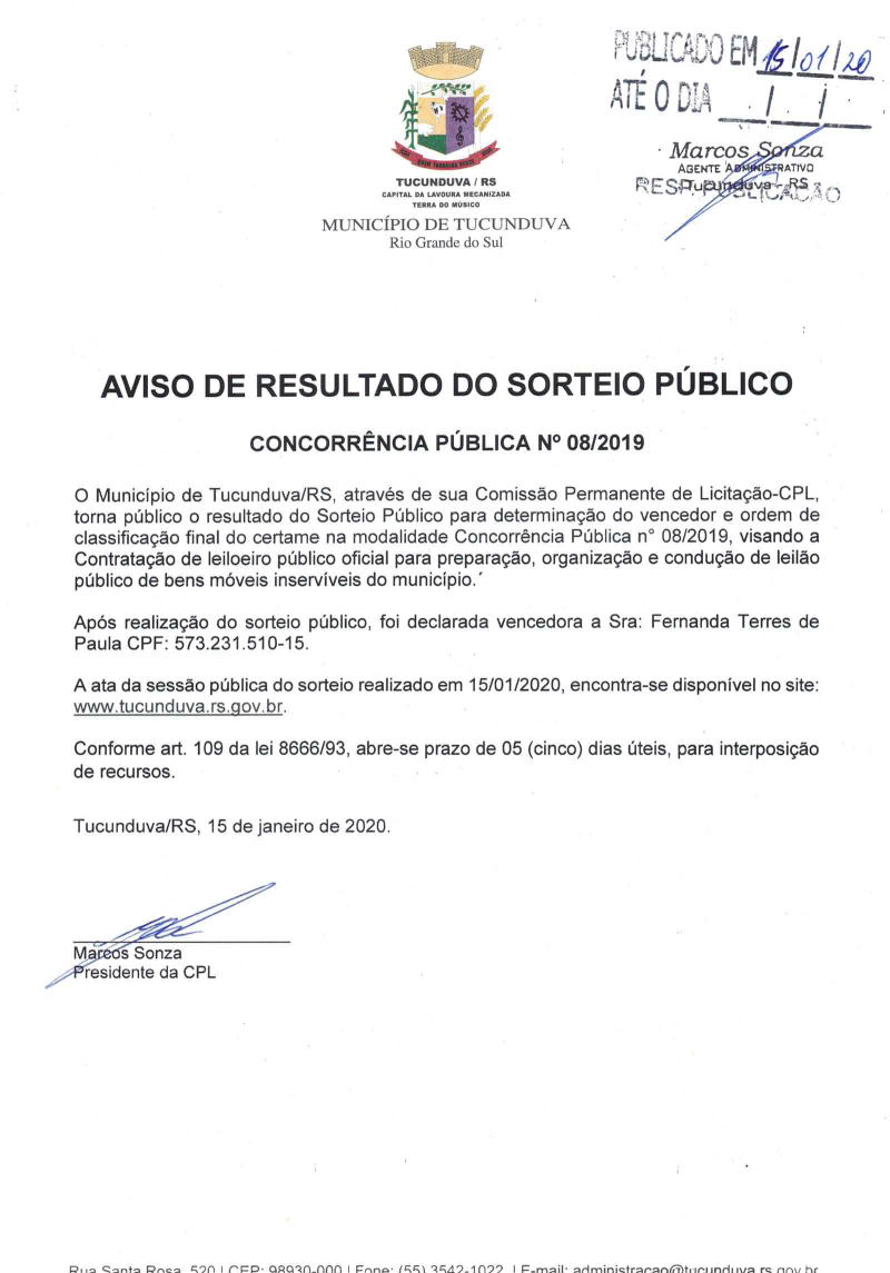 AVISO DE RESULT SORTEIO PÚBLICO CNC 08_2019 CONTRAT LEILOEIRO